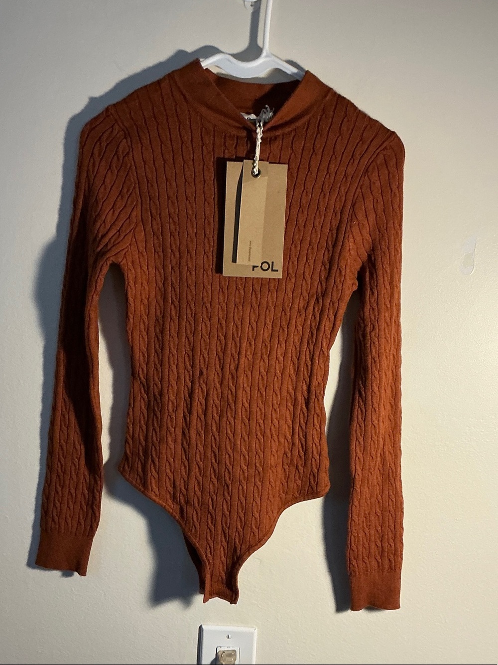 POL Rust Cable-Knit Long-Sleeve Bodysuit